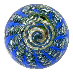 Vintage Signed Hand-Blown Art Glass Paperweight Blue & Green Swirl Design 3"